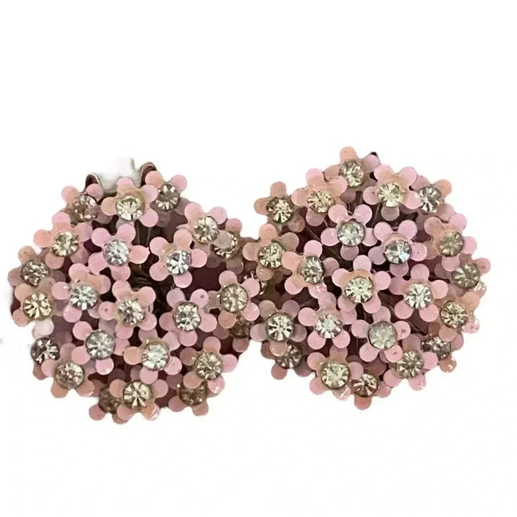 Vintage MCM Retro Enamel Crystal Floral Clip On Earrings - Picture 1 of 4